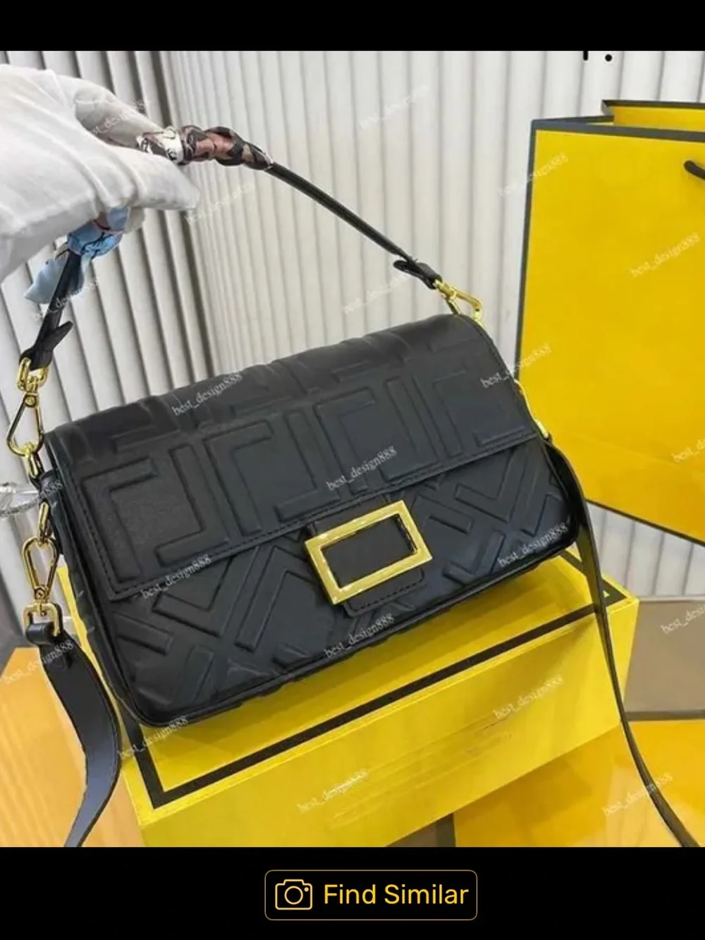 No brand Black Quilted FF Logo Shoulder Bag with Gold Hardware